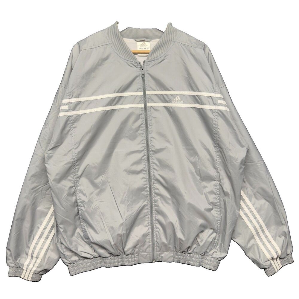 Vintage Adidas Track Jacket Men Large Windbreaker Full Zip Grey White 2000s Y2K